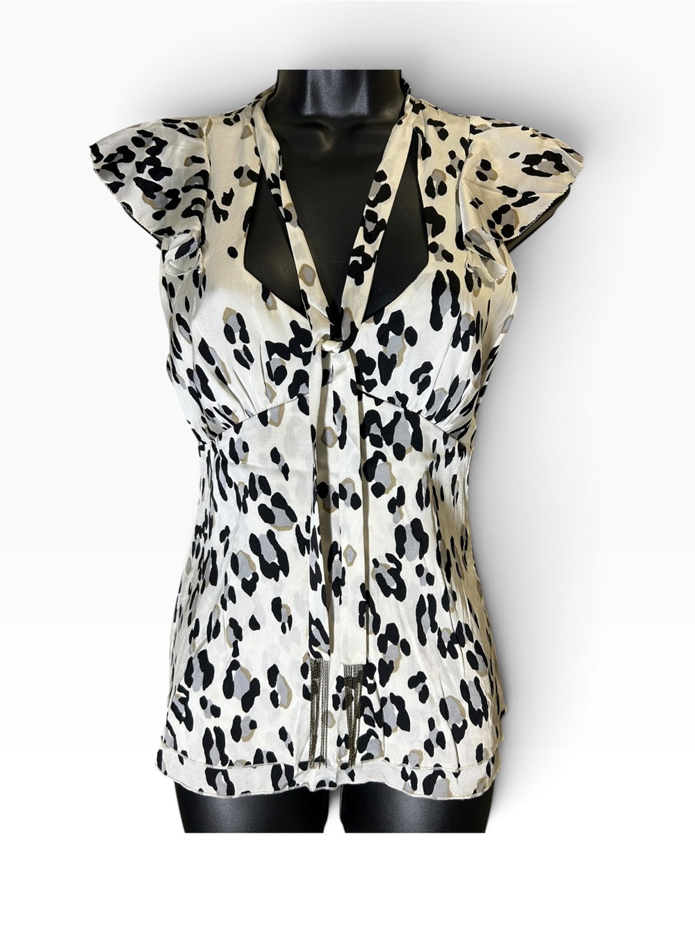 BEBE Black & White Leopard-Print Tie-Neck Blouse
